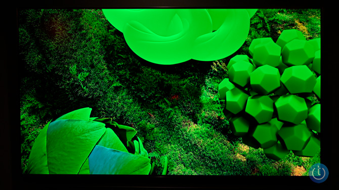 The Samsung S90H OLED TV shows a range of greens on the screen. 