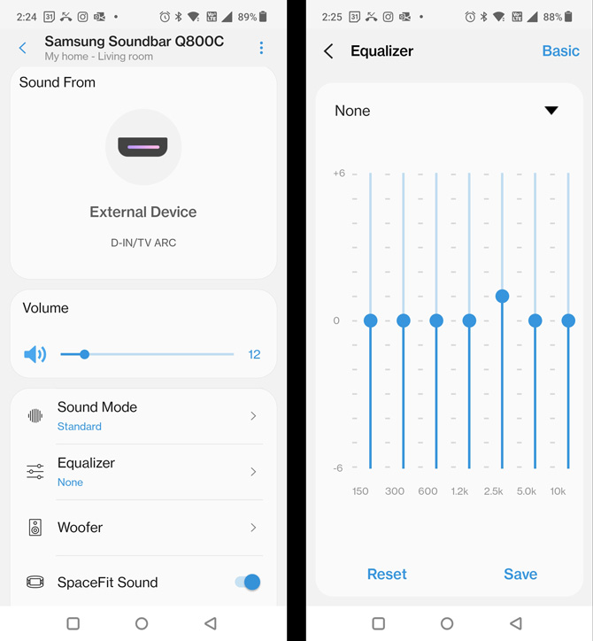 App controls for Samsung Soundbar Q800C. Screenshot on the right shows the connection to the TV and options for Volume, Sound Mode, Equalizer, Woofer,  and SpaceFit Sound. The screenshot on the right shows the 7-band equalizer