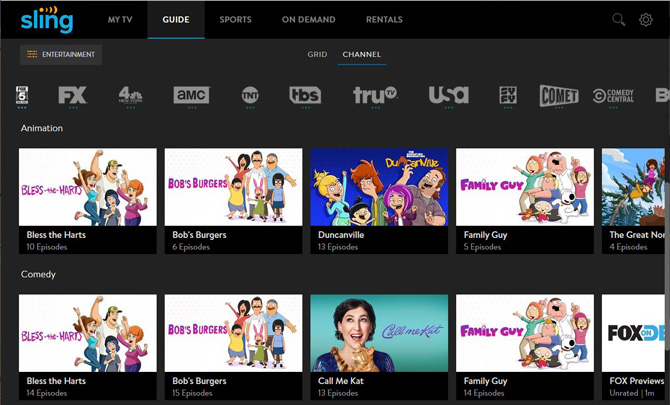 Sling TV screenshot showing Entertainment channels and a guide featuring Bob's Burgers, Duncanville, Call me Kat, and Family Guy