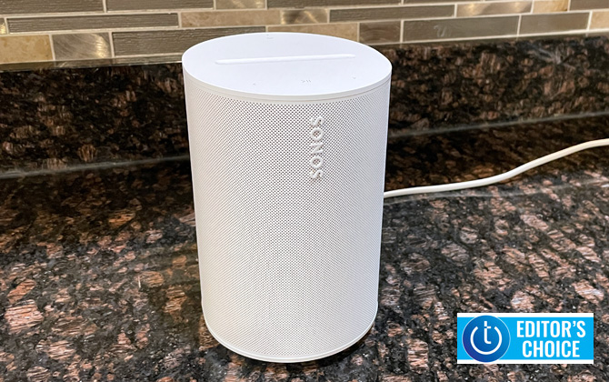 Sonos Era 100 with Techlicious Editor's Choice logo in the lower right corner.