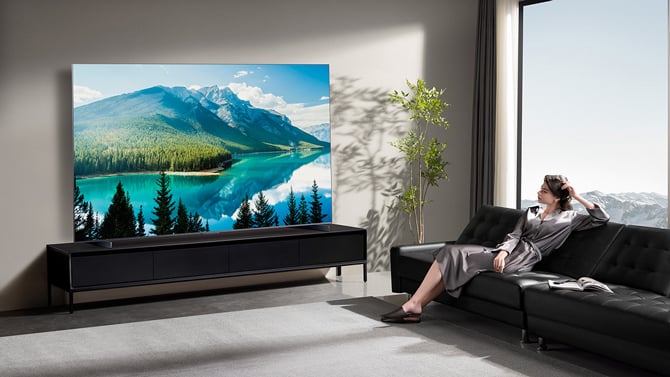 TCL QM8K series TV shown in a living room
