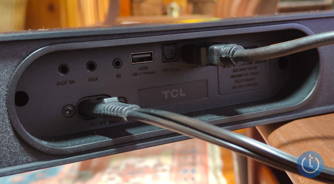 TCL S Class 5.1 soundbar shown from the back close up to see the ports.