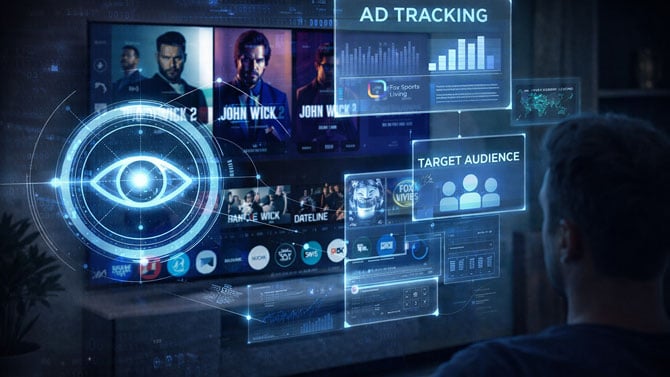 Concept illustration of a TV watch the viewer and collecting data