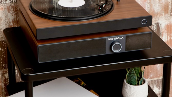 Photo of Victrola Soundstage speaker box with turntable on top