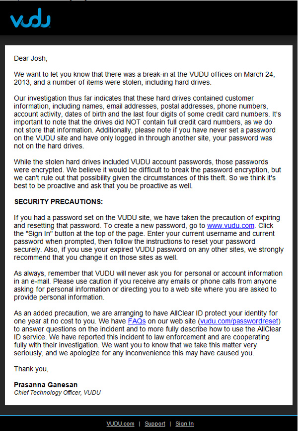 Vudu letter regarding data theft