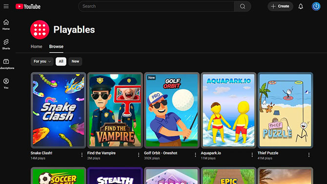 Screenshot of YouTube Playables titles