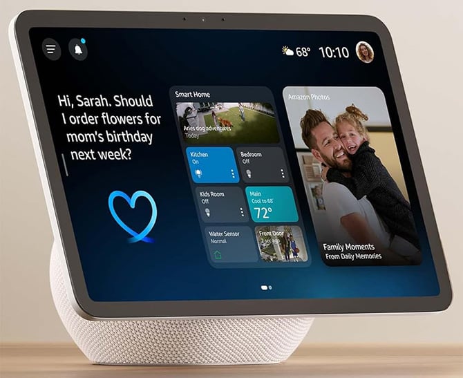 The Amazon Echo Show 11 displays a photo and other content on its home screen.