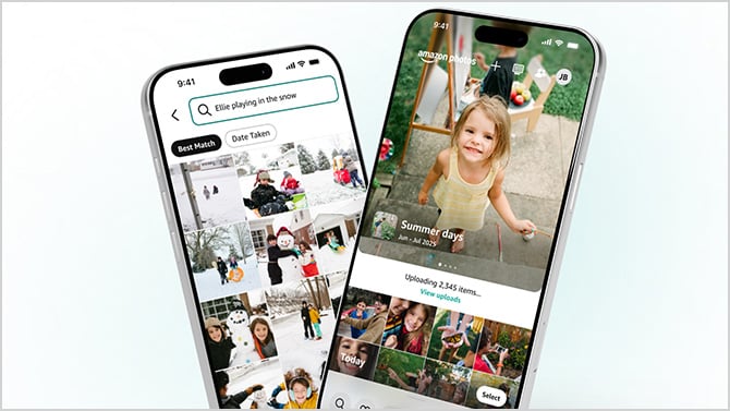 Two phones showing screenshots of the new Amazon Photos app