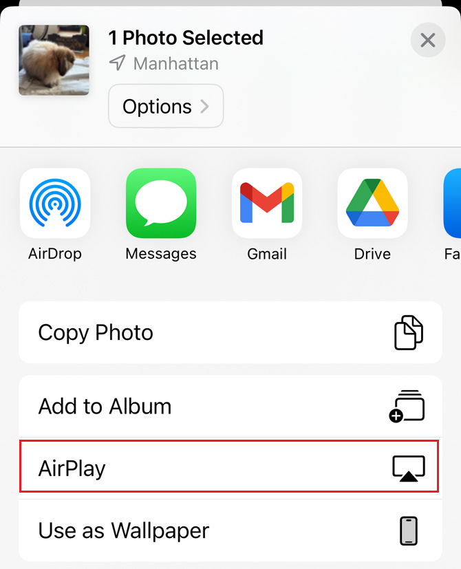 Apple Photos share menu showing AirPlay option.
