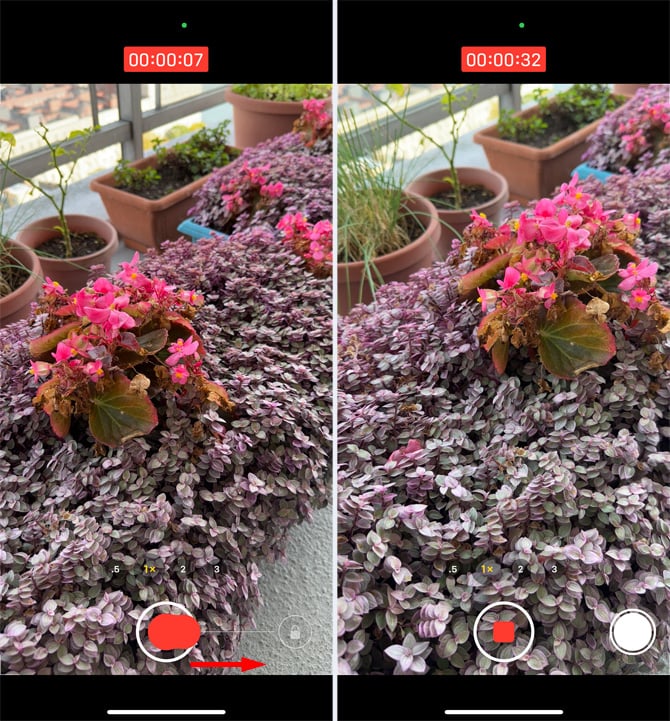 Two screenshots of the Apple Camera app. The screenshot on the right shows video recording and at the bottom you see a white circle with a red smudged dot. To the right of the dot there is a line and another circle with a lock in it. Under both dots there is an arrow pointing to the right. The second screenshot shows the same video recording but with a white circle with a red square in it and a white circle to its right. 