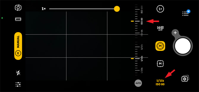 Screenshot of Camera+ 2 app for iOS showing the Manual settings for zoom, white balance, focus, and ISO. The ISO setting on the menu and the area of ISO adjustment are pointed out. 