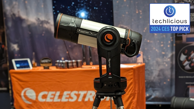 Celestron Origin Intelligent Home Observatory with the Techlicious 2024 Top Pick logo in the upper right corner