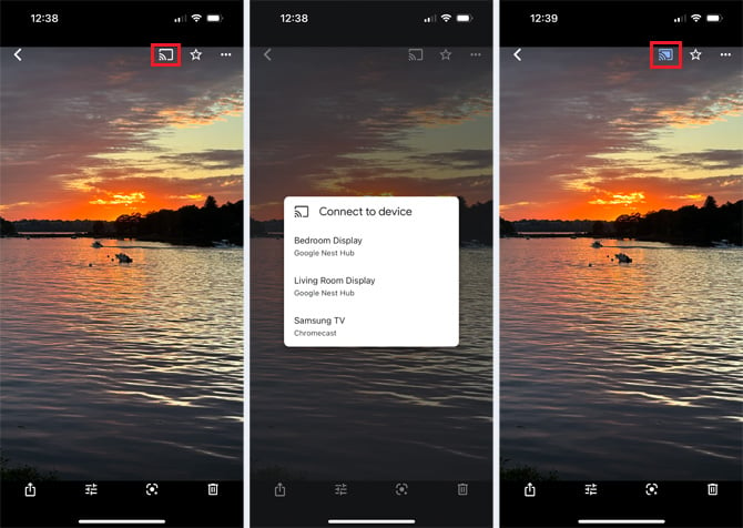 Three screenshots of Google Photos. From the left, the first screenshot shows a sunsiet with the cast button outlined in red. The second screenshot show a list of devices you can cast to. The third screenshot shots the cast button in blue indicating the image is being cast.
