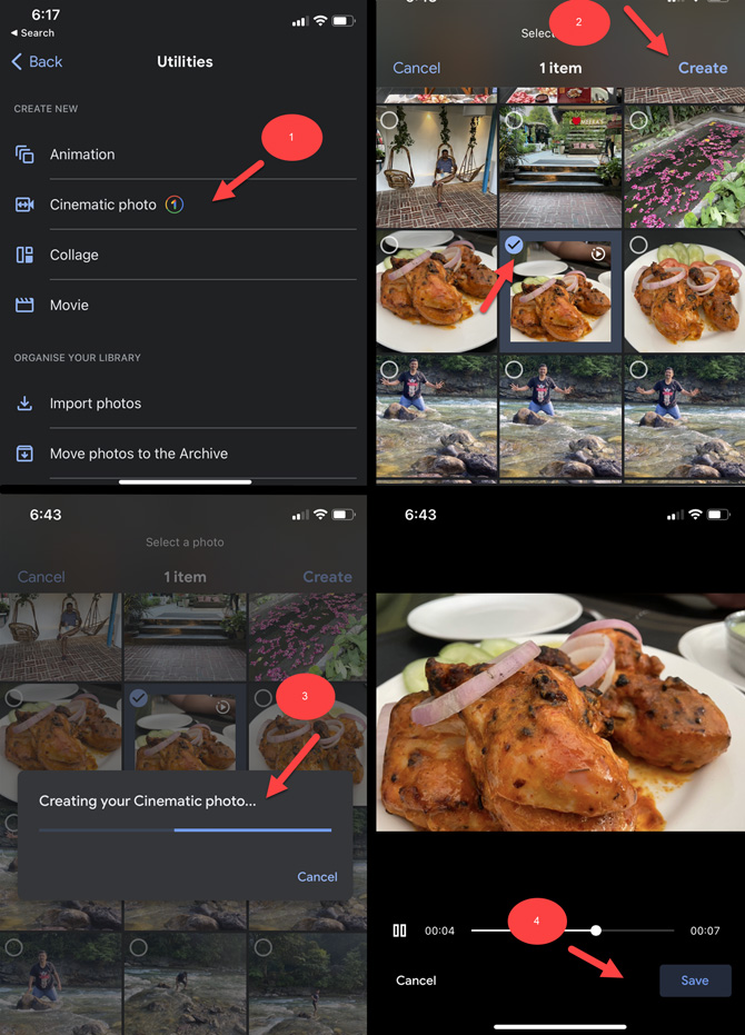 Four screenshots of Google Photos app. From the top left clockwise. In image one, you see the Utilities screen with Cinematic photo pointed out with the number 1. In the second screenshot you see a photo selected and the create option pointed out with the number two. In the third screenshot you see the message creating your cinematic photo pointed out with the number three. In the fourth screenshot you see the cinematic photo playing with the save button pointed out with the number four. 
