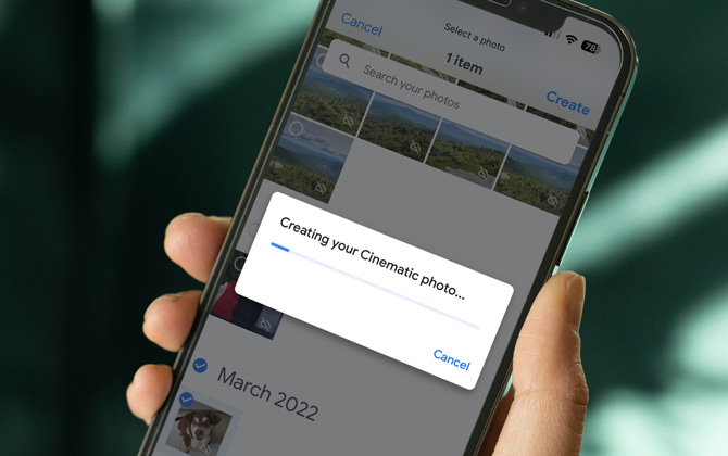 iPhone showing Google Photos with the message saying a cinematic photo is being created.