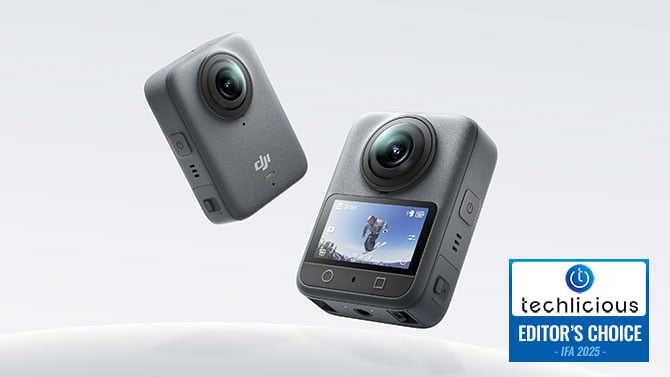 DJI Osmo 360 shown from the front and back. The Techlicious Editor's Choice Award logo is in the lower right. 