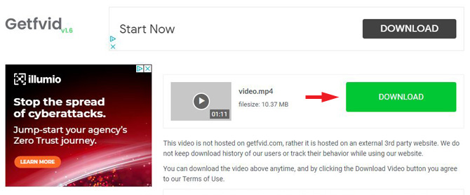 thumbnail image of the video and to the right the Download button.