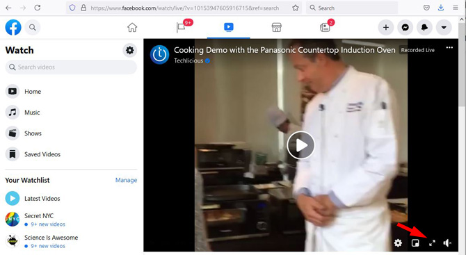 Screenshot of Facebook page with a video post and the enlarge icon pointed out on the video. 