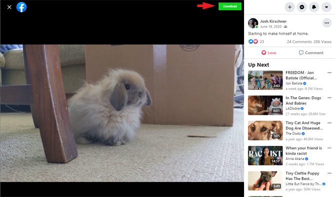 Screenshot of Facebook video post with the Download button pointed out.