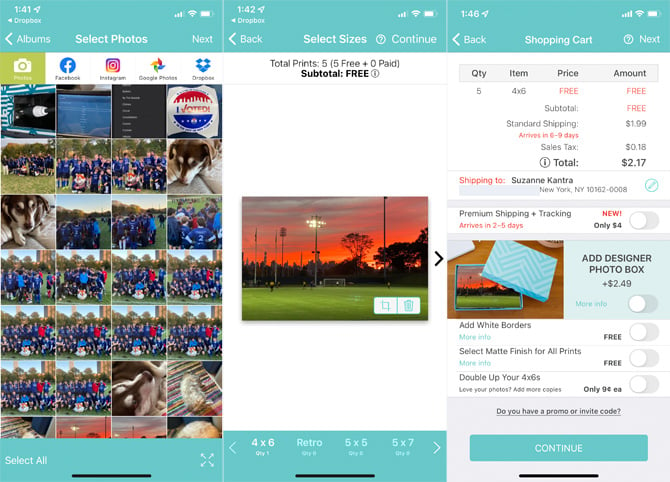 Three screenshots of the FreePrints app. From the right, screenshot one shows the ability to select photos from your phone, Facebook, Instagram, Google Photos and Dropbox. Screenshot two shows the ability to crop individual photos and to select the photo size. Screenshot three shows the shopping cart that indicates that the photos are free and that shipping is $1.99. It also shows the option to add a matte finish, and white borders.