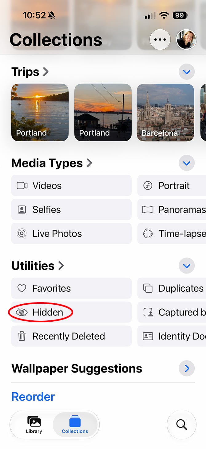 iPhone Photos app Collections tab with the Hidden album circled in red under Utilities.