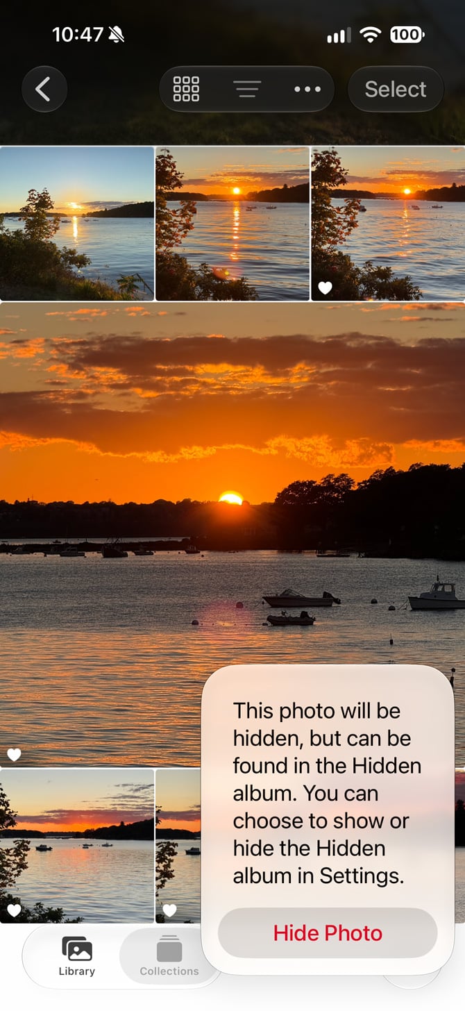 iPhone Photos app showing a Hide Photo confirmation explaining that the photo will move to the Hidden album.