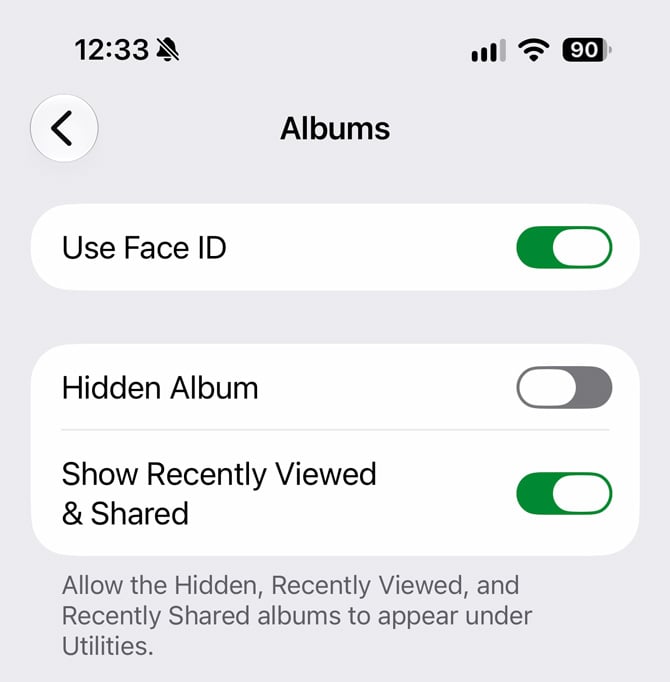 iPhone Photos album settings with Hidden Album turned off and Use Face ID and Show Recently Viewed & Shared turned on.