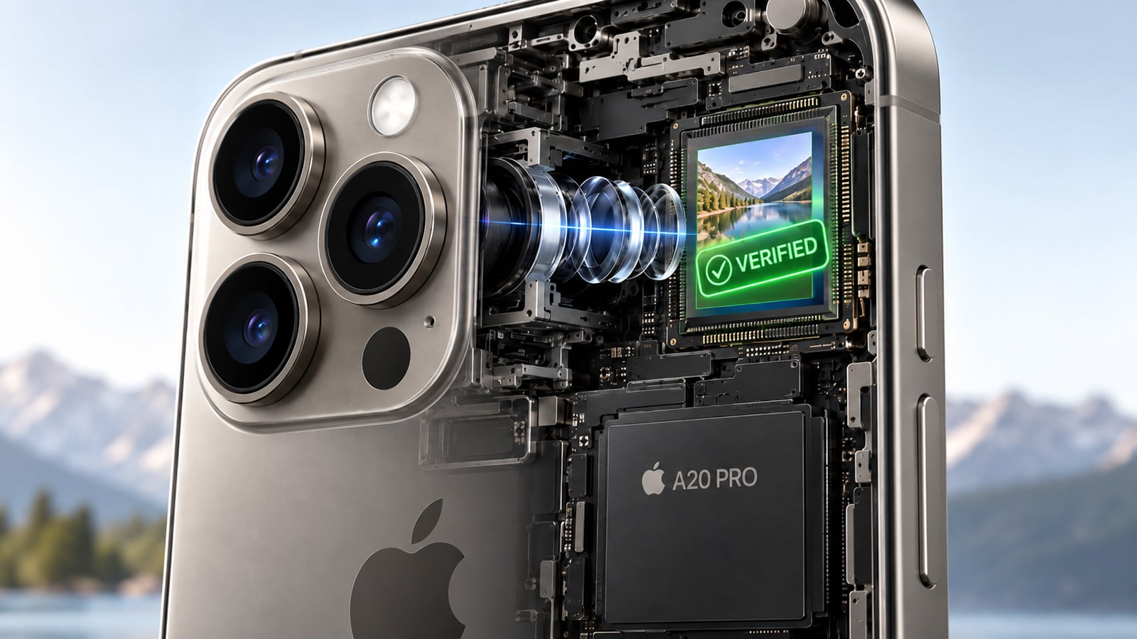 Cutaway view of an iPhone 18 Pro camera system showing a captured image on the sensor with a green “Verified” stamp and A20 Pro chip.