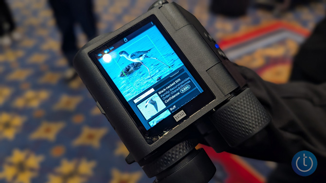 On the back of the Matatalabs Solvia binoculars, you can see an image of a bird and information about it.