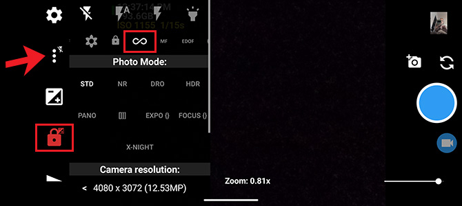 A screenshot of the Open Camera app has the exposure lock padlock icon highlighted, the triple dot menu pointed out, and the infinity setting highlighted.