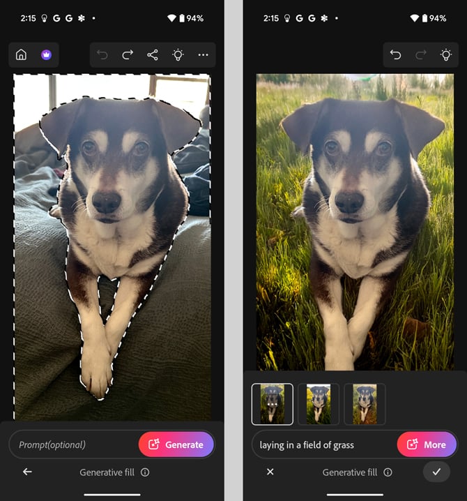 Two screenshots of Photoshop for Android showing Tap to Select on the left and the results of a generative AI background replacement on the right