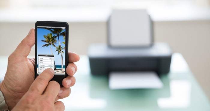 Hands holding a phone with a picture of palm trees with a printer on a table in the background.