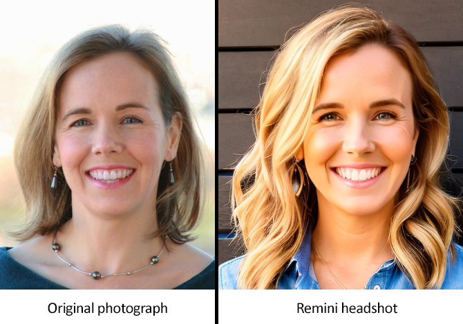 Two headshots with an original image of Suzanne Kantra on the left and the Remini headshot on the right.