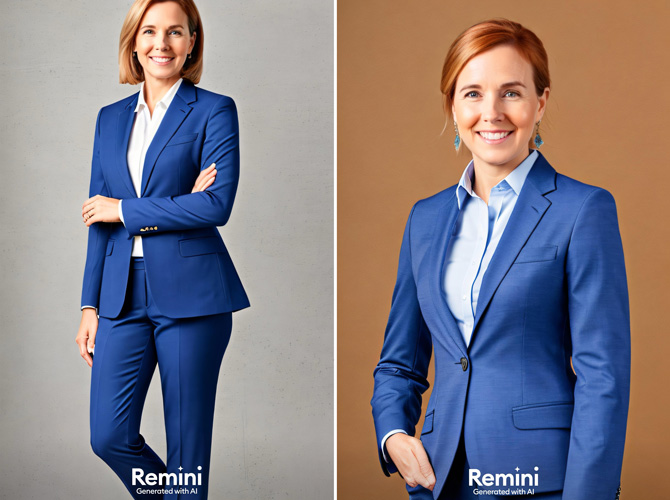 Two Remini headshots of Suzanne Kantra with errors. On the left you see a third arm and on the right you see the hair color changed to red.