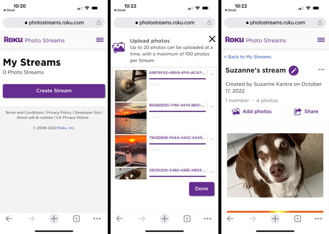 Three screenshots of Roku Photo Stream upload process. From the left, the first screenshot shows a screen with a purple button the says Create Stream. The second screenshot shows four photos being uploaded to a stream. The third screenshot shows Suzanne's stream and you can see one picture of a dog. 