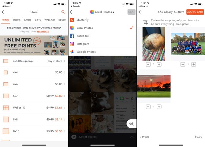 Three screenshots of the Shutterfly app. From the left, screenshot one shows the prints tab with a graphic that says Unlimited Free Prints in 4x4 and 4x6 sizes. Screenshot two shows the sources for photos: Shutterfly, Local Photos, Facebook, Instagram and Google Photos. Screenshot three show the cart with the price being $0.00 for three prints, along with a preview of the three photos to be printed.