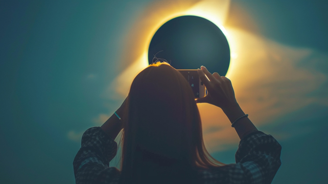 Image of woman taking a picture of a solar eclipse.