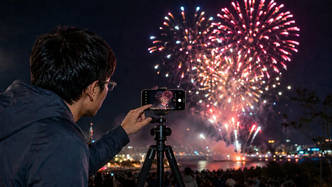 Taking a photo of fireworks using a smartphone on a tripod.