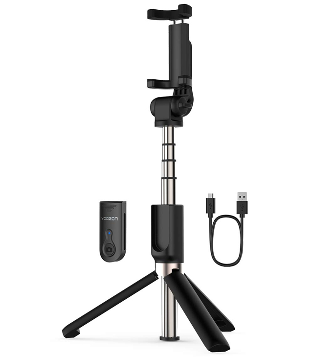 Yoozon Selfie Stick is shown on a white background with the tripod legs extended along with the shutter button and charging cable