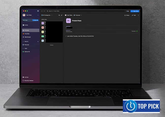 Screenshot of 1Password on a MacBook with Techlicious Top Pick award logo