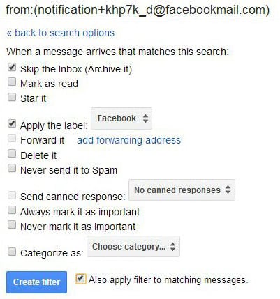 Gmail filter options