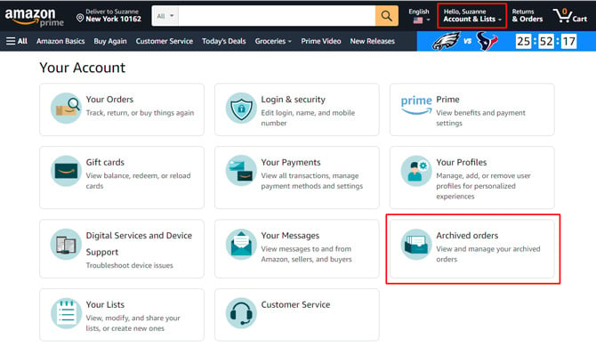 Screenshot of Amazon Your Account page showing the Returns & Orders menu item in a red box and the Archived orders section in the main screen in a red box.