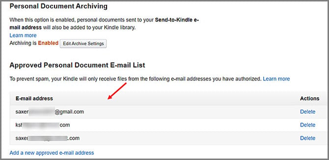 Screenshot of Amazon Approved Personal Document E-mail List showing a list of approved email addresses.
