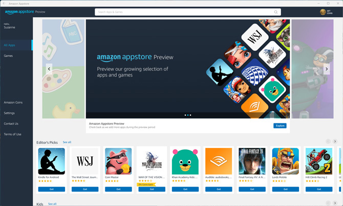 Amazon Appstore home screen showing a panel for Appstore preview and a selection of apps underneath including Kindle, Wall Street Journal, Coin Master, War of the Visions, Khan Academy Kids, Audible.