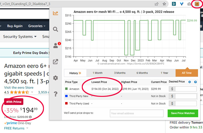 Screenshot of Amazon showing the Camelizer browser plugin. You can see the price of the item circled on the Amazon page, the lowest price shown in the Camelizer and the icon for the Camelizer plugin all circled.