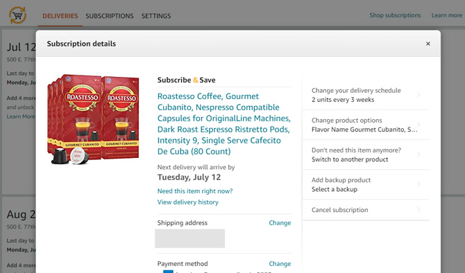 Amazon Subscribe and Save product pop up showing the product, delivery and delivery date on the left and the options to change your delivery schedule, change product options, don't need this item anymore or cancel your subscription.