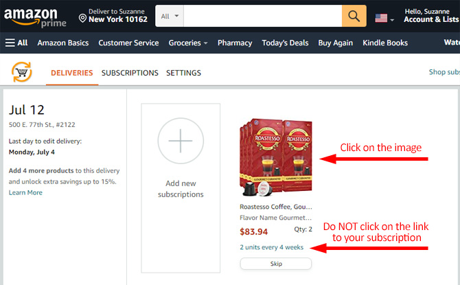 Amazon site screenshot showing subscription management page with subscriptions tab pointed out and a coffee pods subscription with the photo pointed out. Below are the next delivery date and the delivery frequecy. 