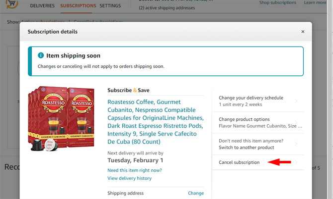 Amazon Subscribe and Save product pop up showing the product, delivery and delivery date on the left and the options to change your delivery schedule, change product options, don't need this item anymore or cancel your subscription.