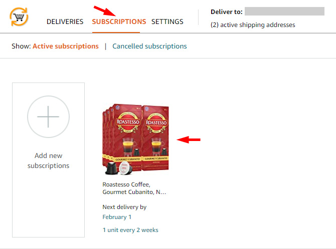 Amazon site screenshot showing subscription management page with subscriptions tab pointed out and a coffee pods subscription with the photo pointed out. Below are the next delivery date and the delivery frequecy. 