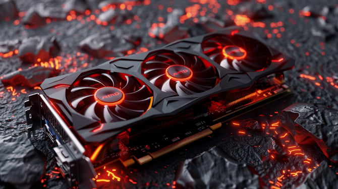 Conceptual rendering of an AMD graphics card on a bed of lava